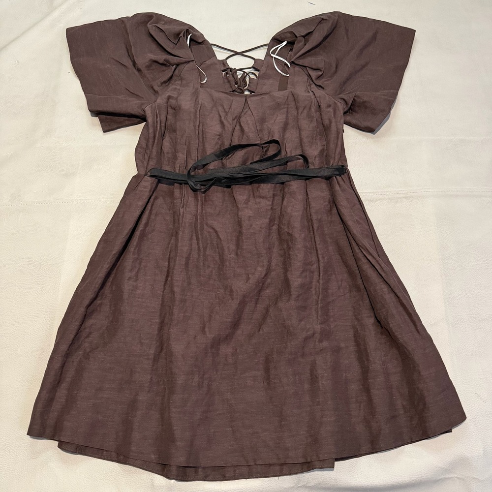 Country Road Brown Linen Lace Up Back Mini Dress Western Lagenlook Minimal-8-